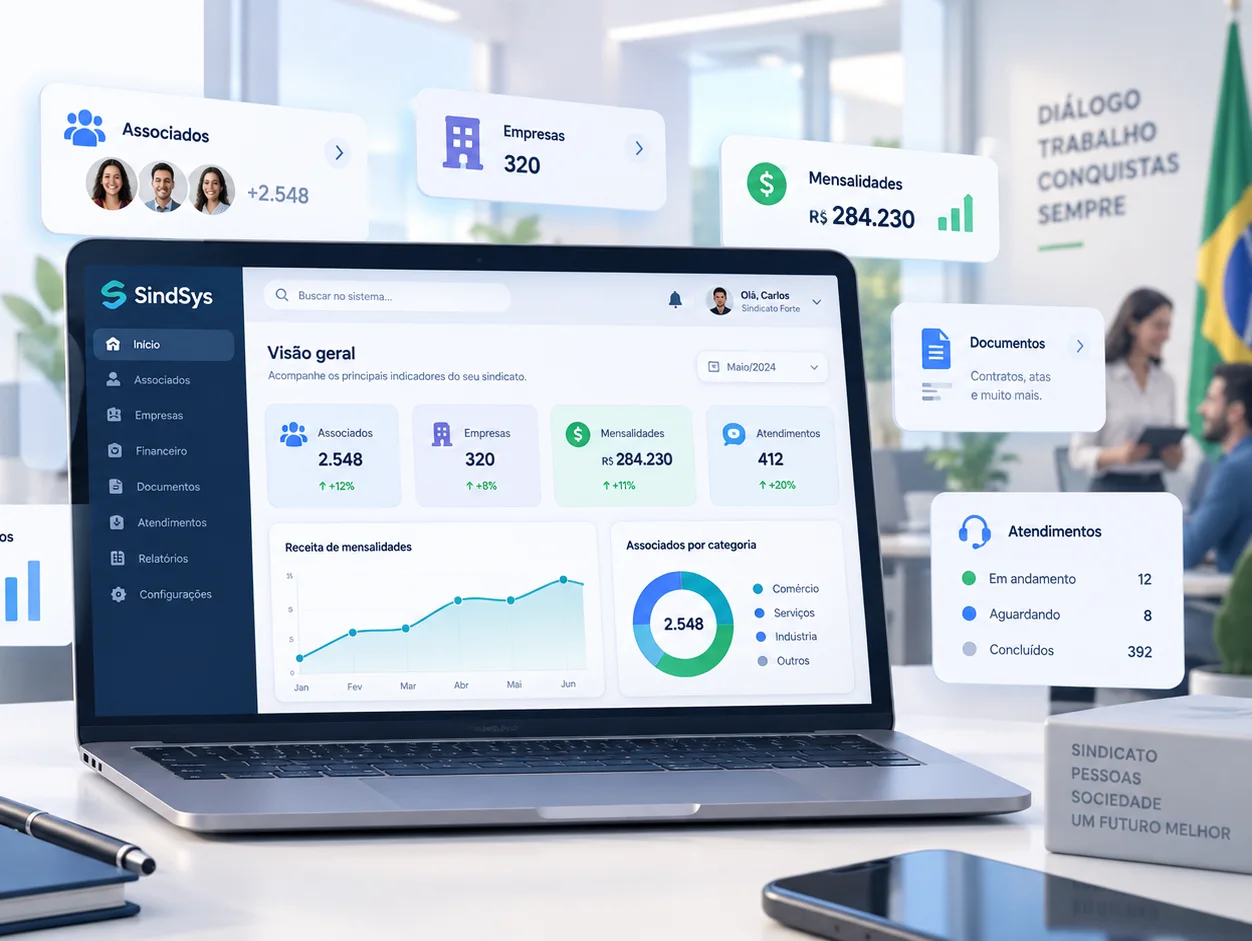 Visão conceitual da plataforma SindSys com indicadores de associados, empresas, mensalidades, documentos e atendimentos